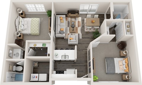 Floor plan for 2 beds, 2 baths, 890 sqft